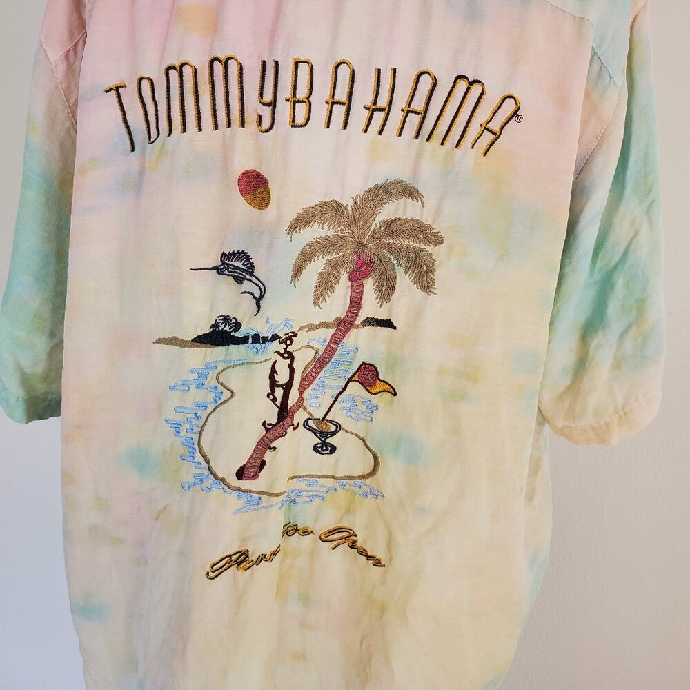 Painted Tommy Bahama golf beach shirt pink orange yellow blue green white dyed L